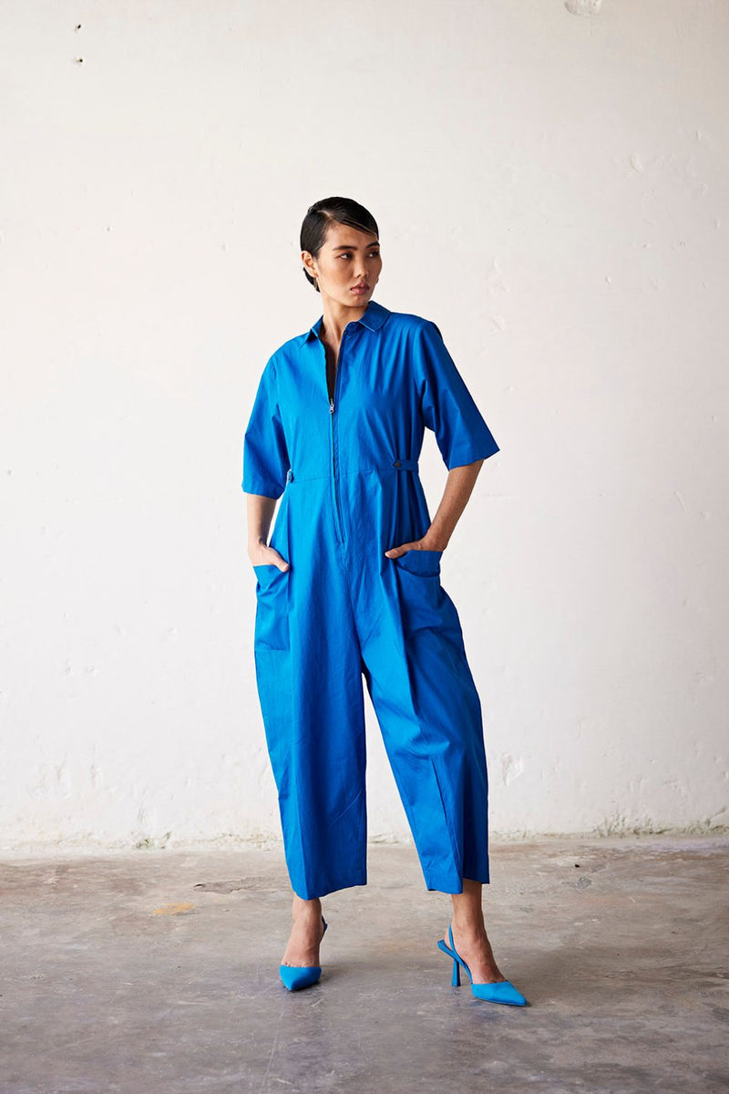 Summer Nights Jumpsuit poplin Jumpsuits by Khara Kapas in blue for women in Singapore