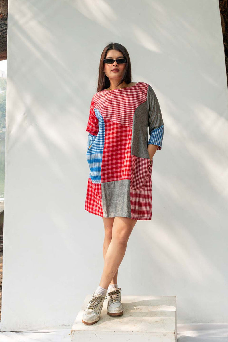 Colourblock Gamcha Dress gamcha dress by 145 East in red, blue for women in Singapore