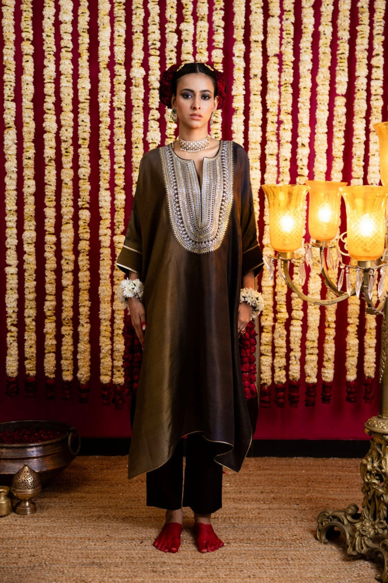 3D Shaded Dark Silk Tunic & Pant Set-Olive silk kurta/kurta set by Sabo by Sabina in olive for women in Singapore