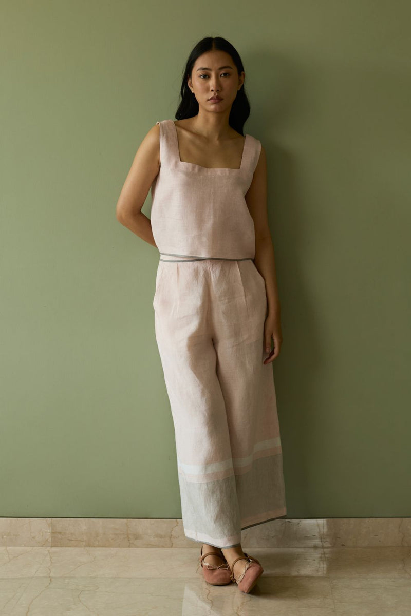 Della Border Linen Culottes-Blush linen by Manan in blush color for women in Singapore