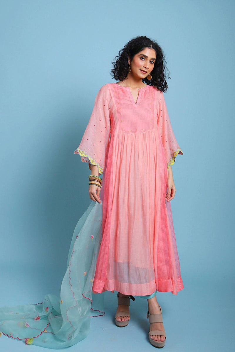 Life in Pink Organza Anarkali chanderi by Rajiramniq in pink color for women in Singapore
