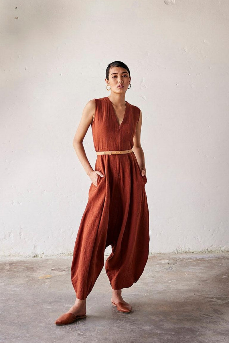 Morning Glory Jumpsuit linen Jumpsuits by Khara Kapas in red for women in Singapore