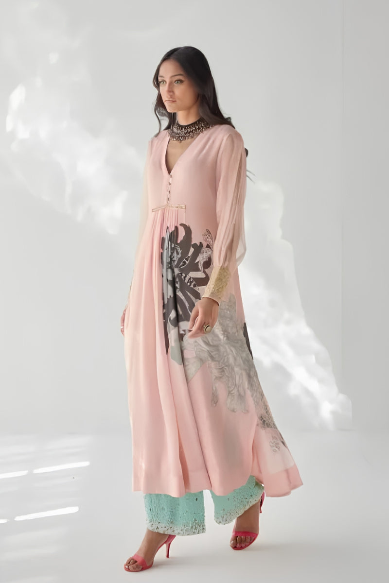 NUDE PINK SIDE FLOWER KURTA SET