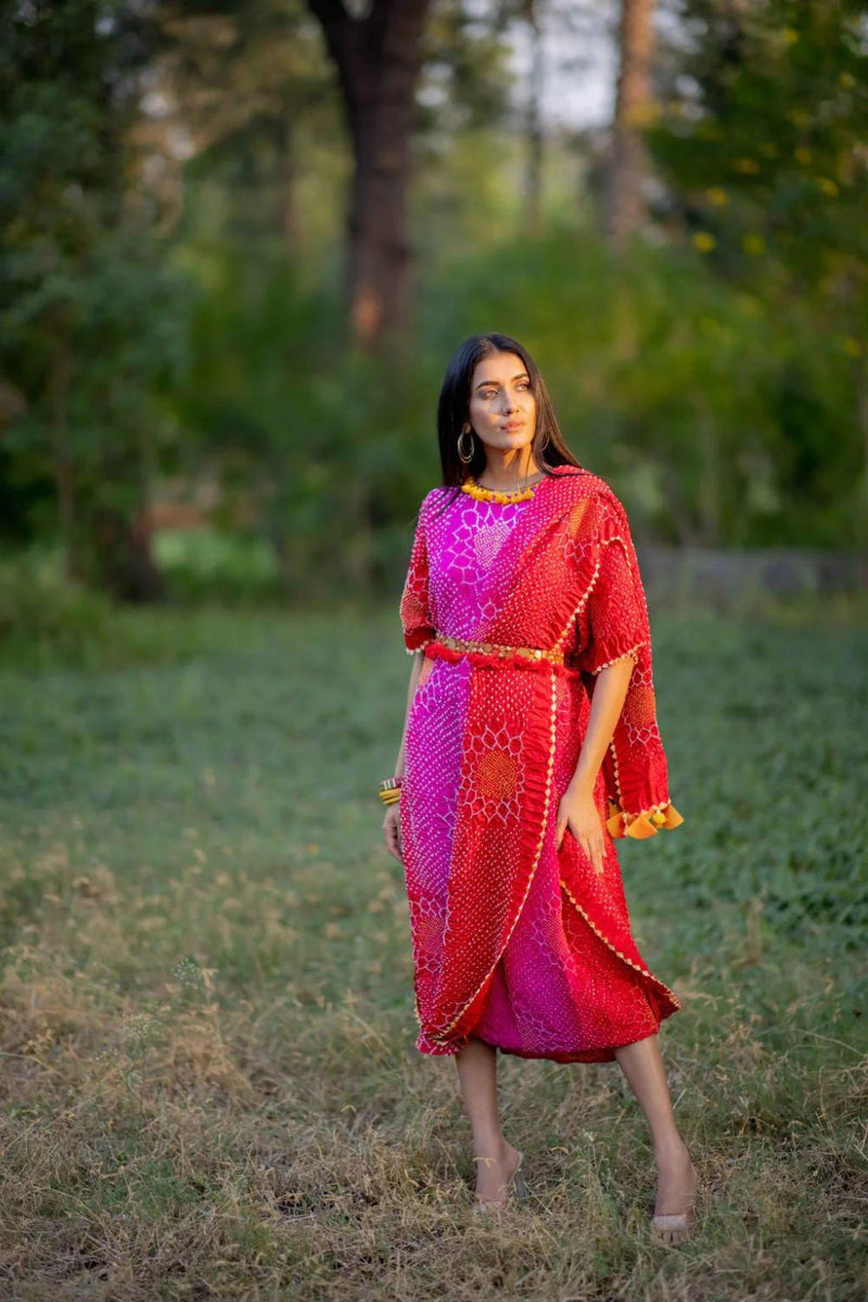 DRAPE DRESS - VALLEY OF FLOWERS-PINK RED SHADED silk by Dyelogue in pink color for women in Singapore