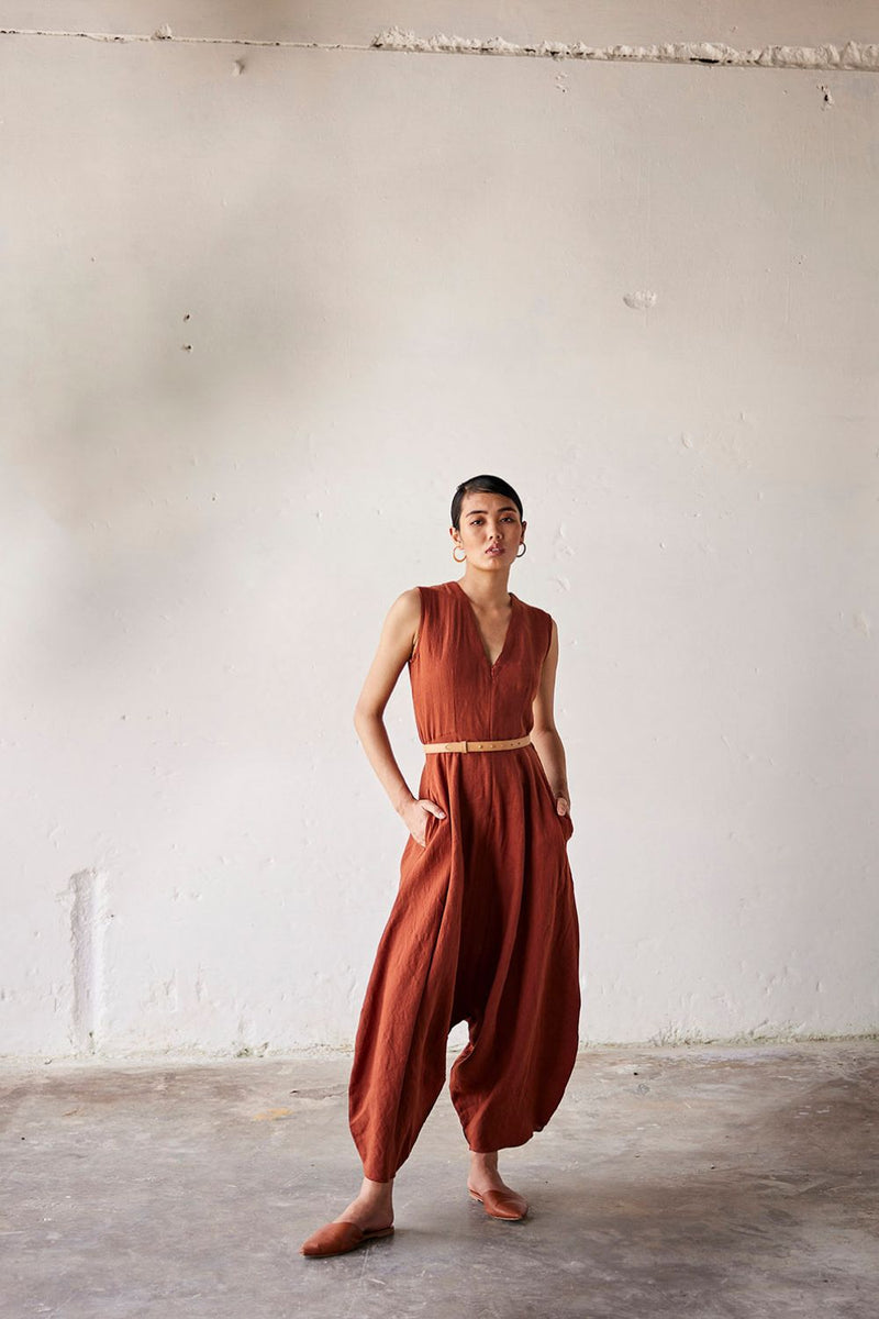 Morning Glory Jumpsuit linen Jumpsuits by Khara Kapas in red for women in Singapore