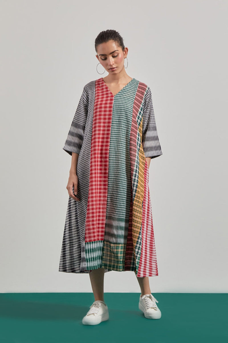 Sierra Dress gamcha dress by 145 East in green, red for women in Singapore