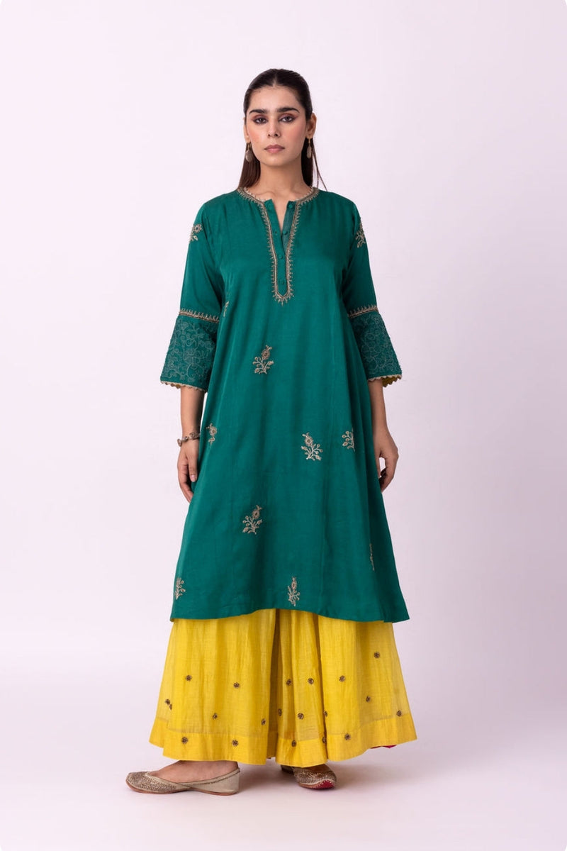 Abeer Long Kurta linen blend kurta/kurta set by Shades of India in green for women in Singapore