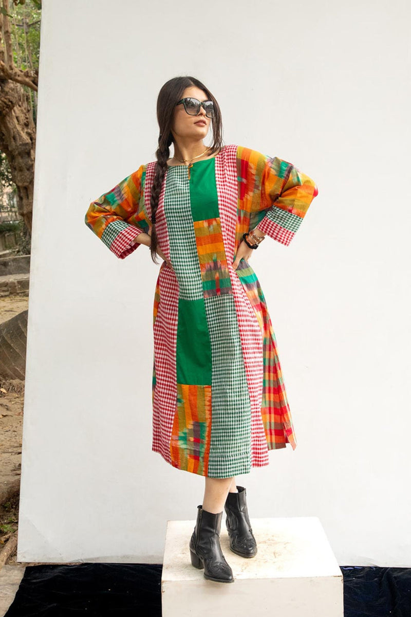 Turbo Elegance Dress gamcha dress by 145 East in green, multicolour for women in Singapore