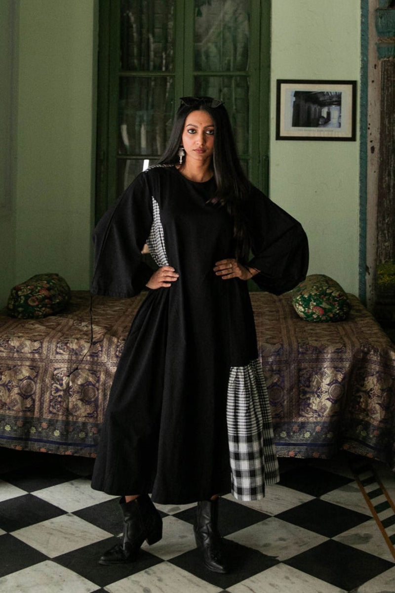 The Magpie Robin Dress cotton,gamcha dress by 145 East in black for women in Singapore