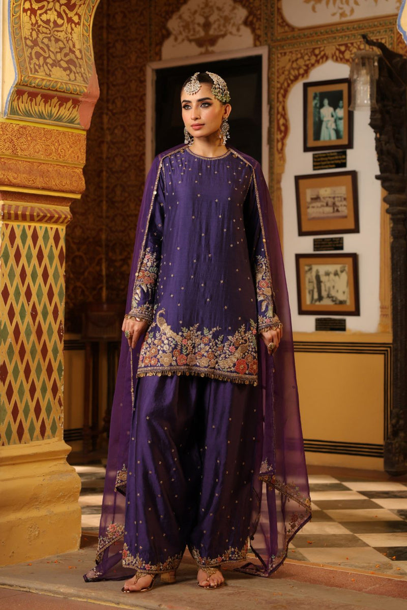 Ahista Purple Mayur Applique Short Kurta Set