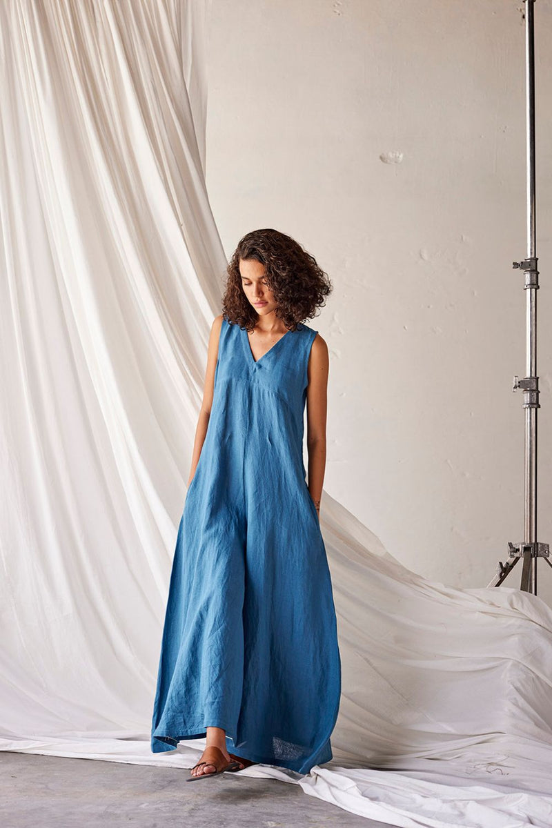 Tambola Nights Jumpsuit linen Jumpsuits by Khara Kapas in blue for women in Singapore
