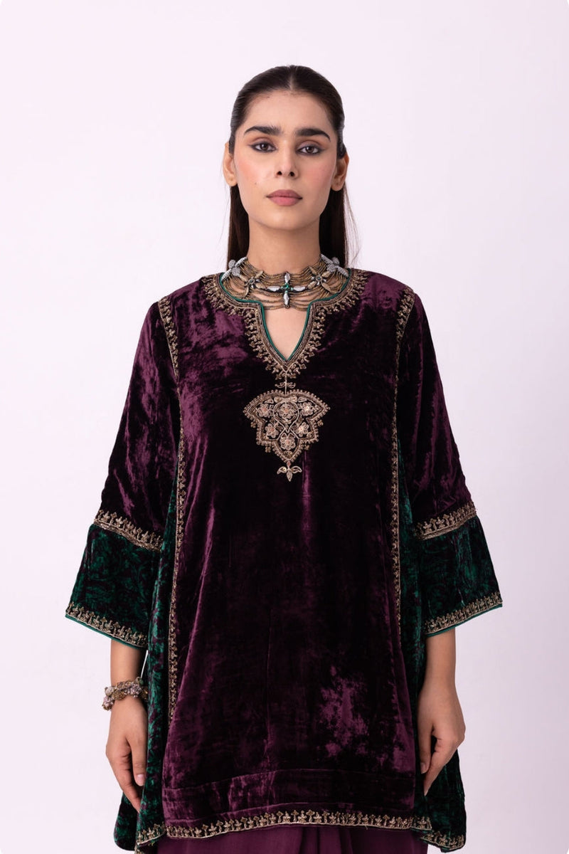 Kabeera Kurti silk velvet kurta/kurta set by Shades of India in wine for women in Singapore