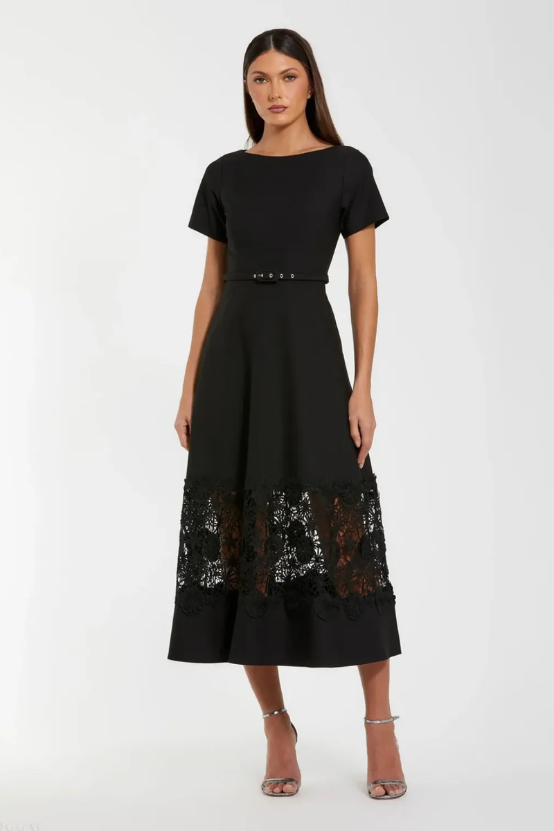 Black Crepe Boat Neck Midi Dress With Belt by Mac Duggal in black color for women in Singapore