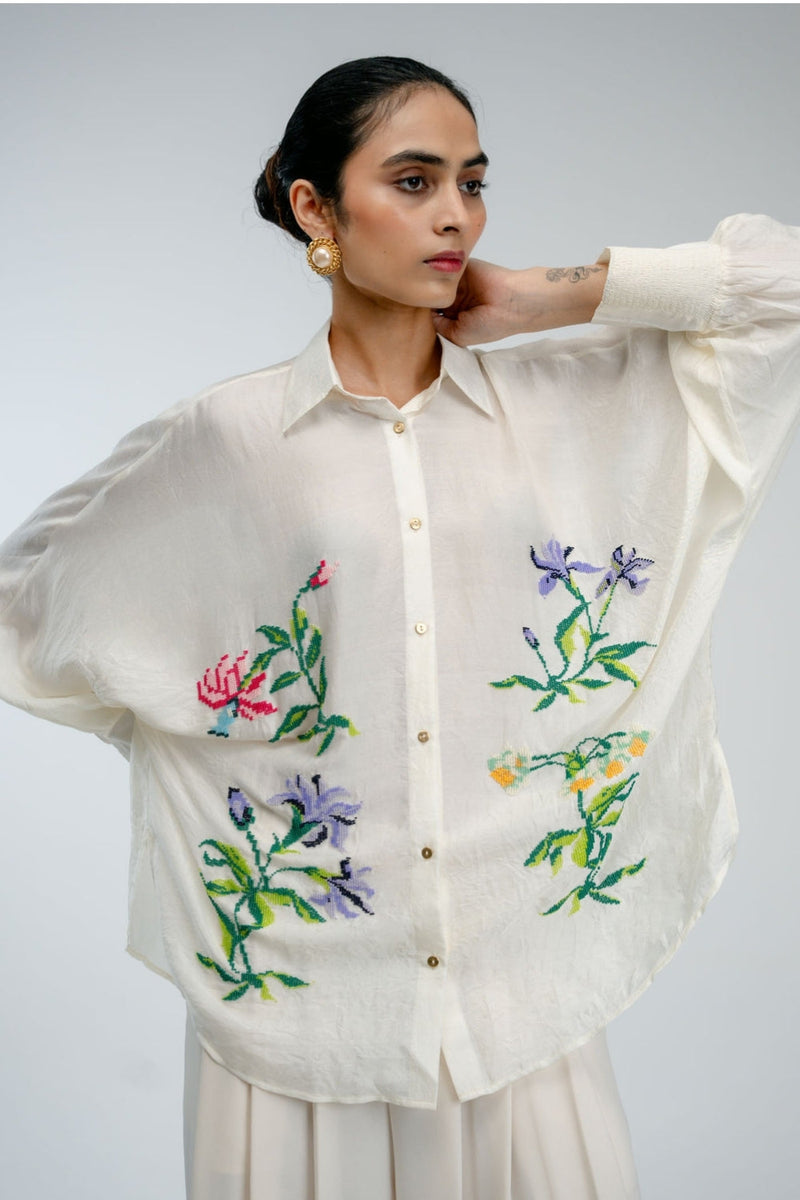 Sampler Shirt mulberry silk top/shirt by Ode to Odd in off white for women in Singapore