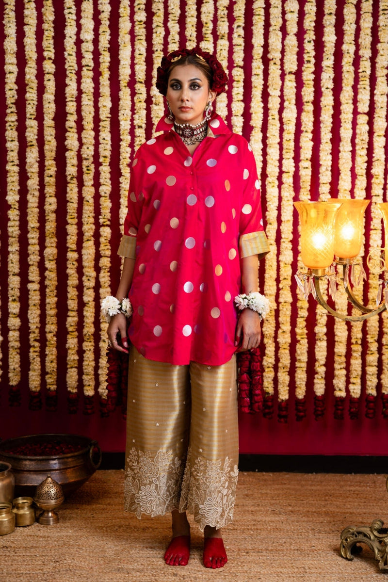 Polka Dots Tunic & Tissue Pant Set-2 Tone tissue kurta/kurta set by Sabo by Sabina in pink for women in Singapore