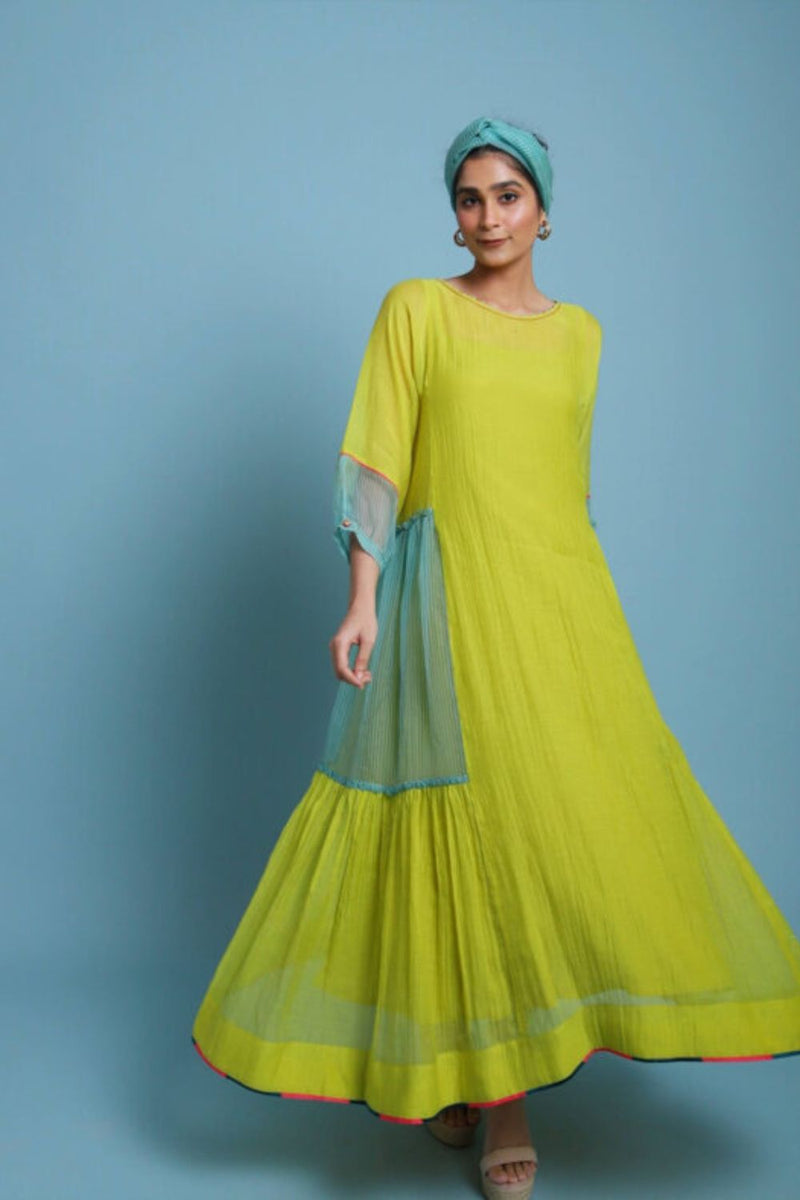 Life In Pink Striped Side Panel Puckering Dress chanderi by Rajiramniq in yellow color for women in Singapore