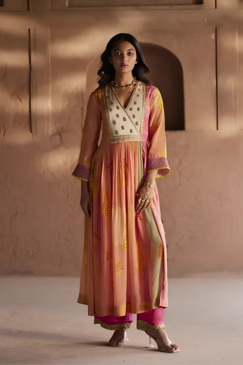 Nadira Pinkish Peach Pintuck Angrakha Kurta Set