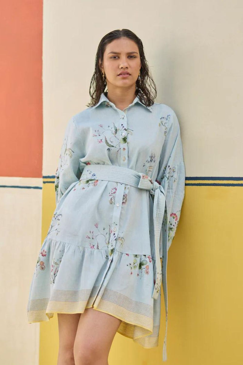 Alara Floral Shirt Dress - Sky linen by Manan in blue color for women in Singapore