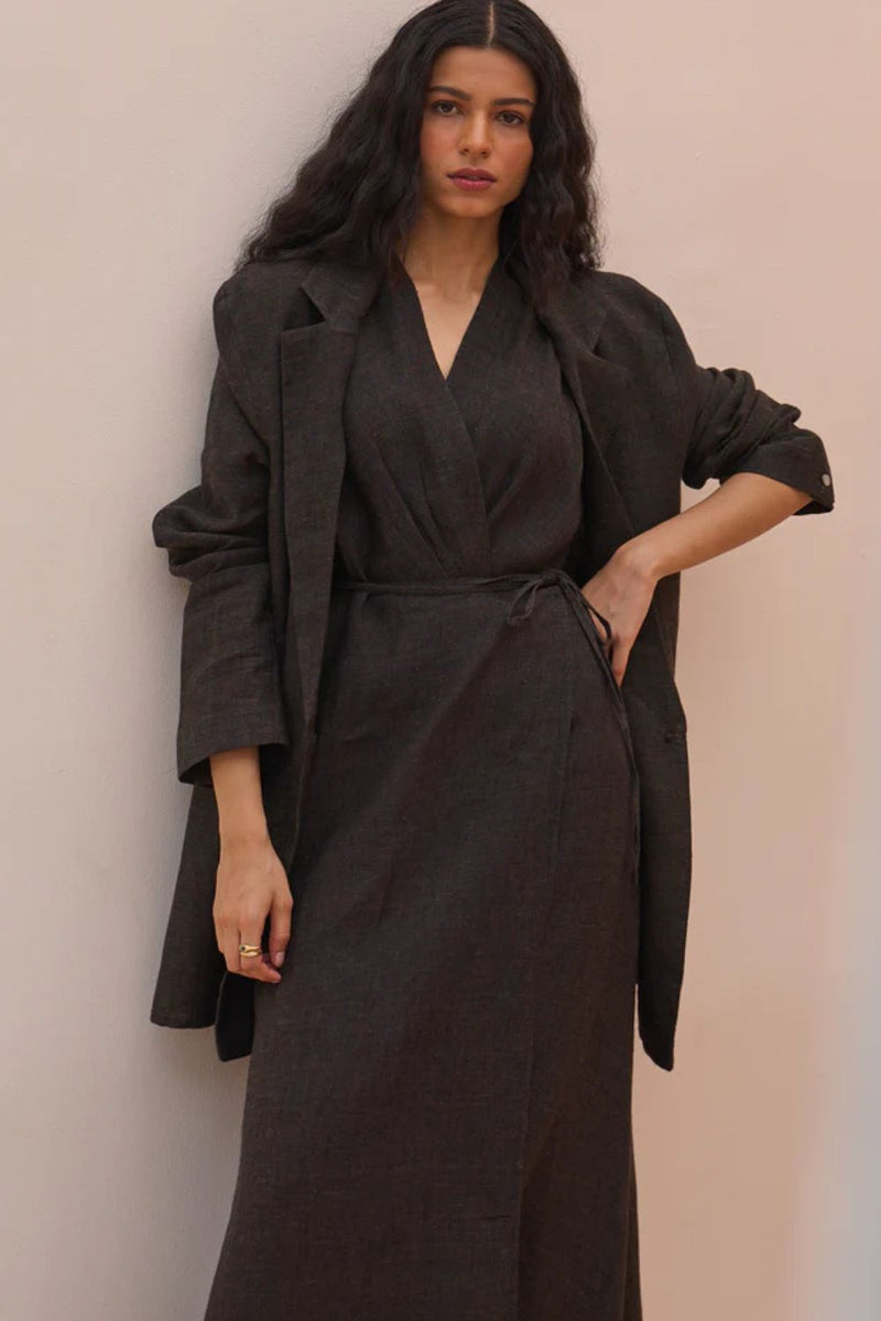 Maya Linen Dress with Jacket-Charcoal linen by Manan in charcoal color for women in Singapore
