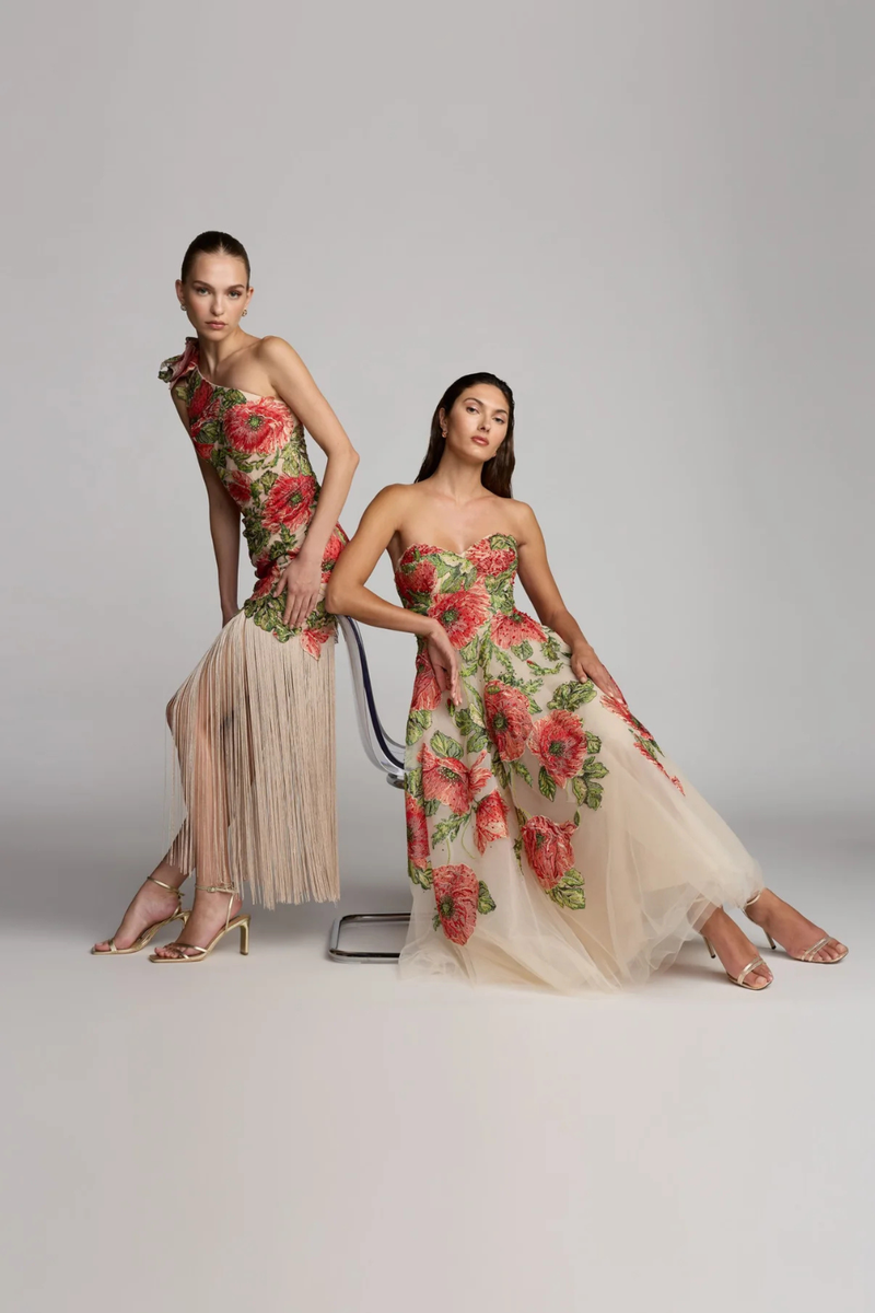 21300 - Beige Strapless Floral Embroidered A-Line Midi Dress by Mac Duggal in beige color for women in Singapore