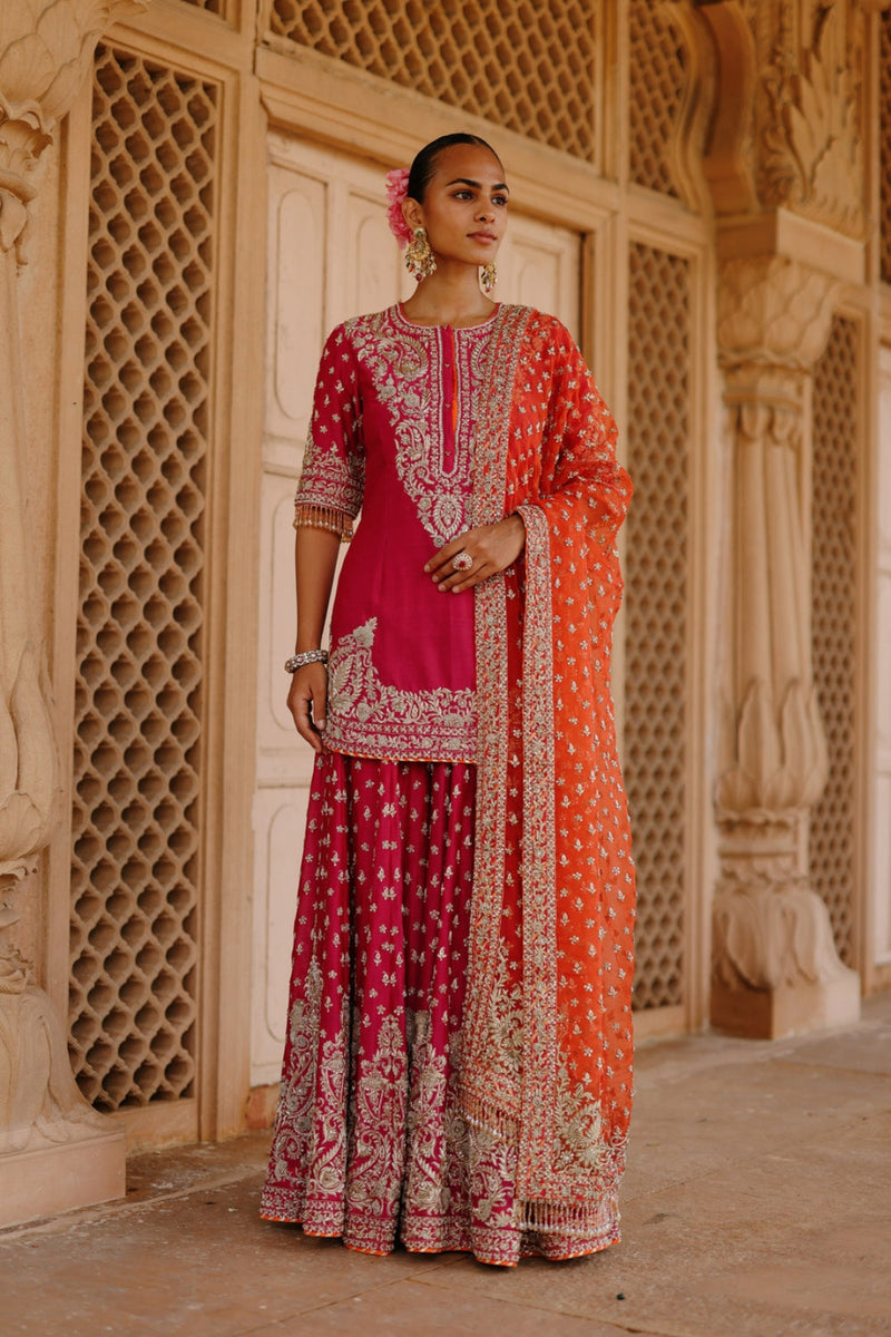 Maysam-Hot Pink Kurta Set With Sharara And Dupatta silk chanderi, silk organza kurta/kurta set by SHEETAL BATRA in pink, orange for women in Singapore