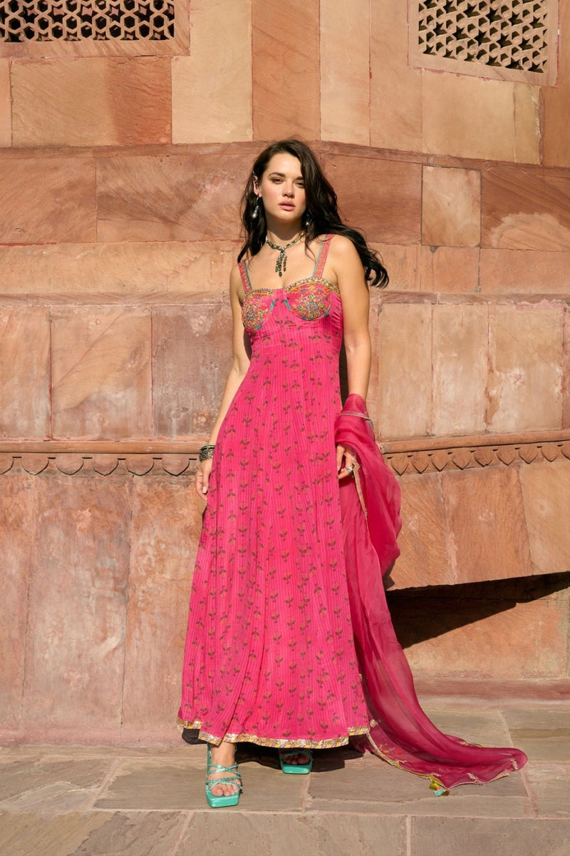 After Hours Hot Pink Embroidered Corset Anarkali Set crepe, organza kurta/kurta set by Rajiramniq in pink for women in Singapore