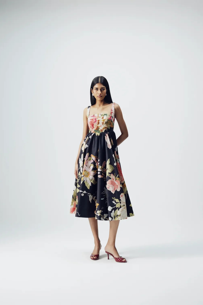 Carmine Embroidered Dress satin by YAM in black color for women in Singapore