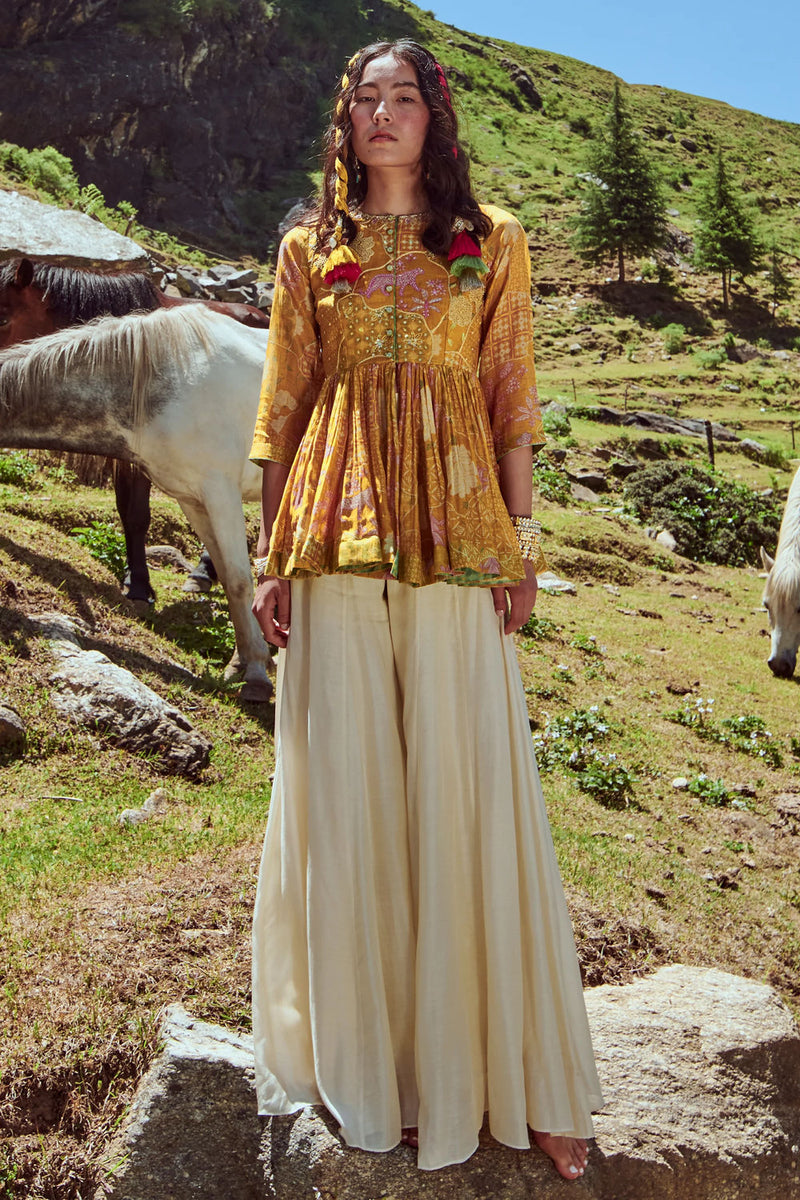 Valentina Peplum Set chanderi by Paulmi & Harsh-kahan Sep'26 in yellow for women in Singapore