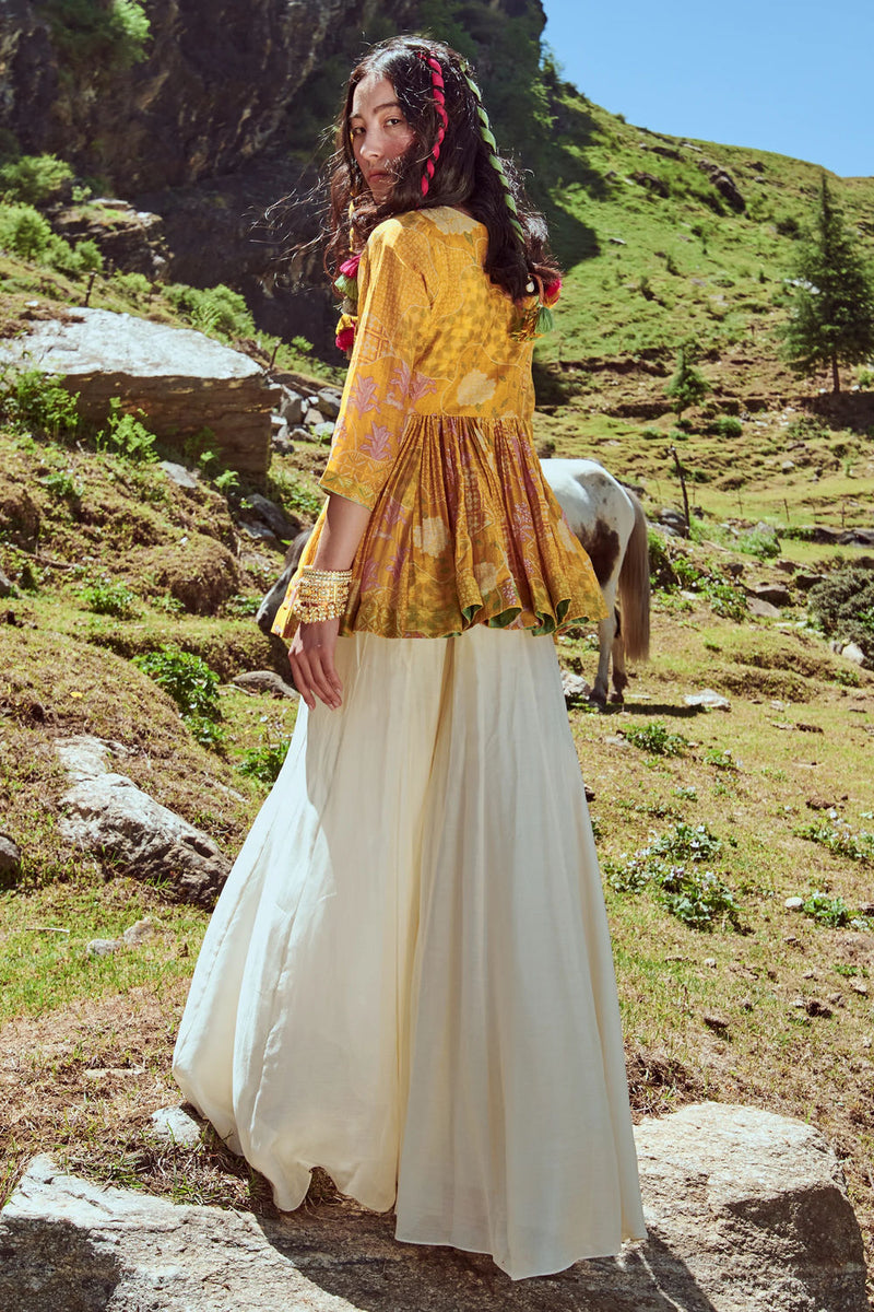Valentina Peplum Set chanderi by Paulmi & Harsh-kahan Sep'26 in yellow for women in Singapore