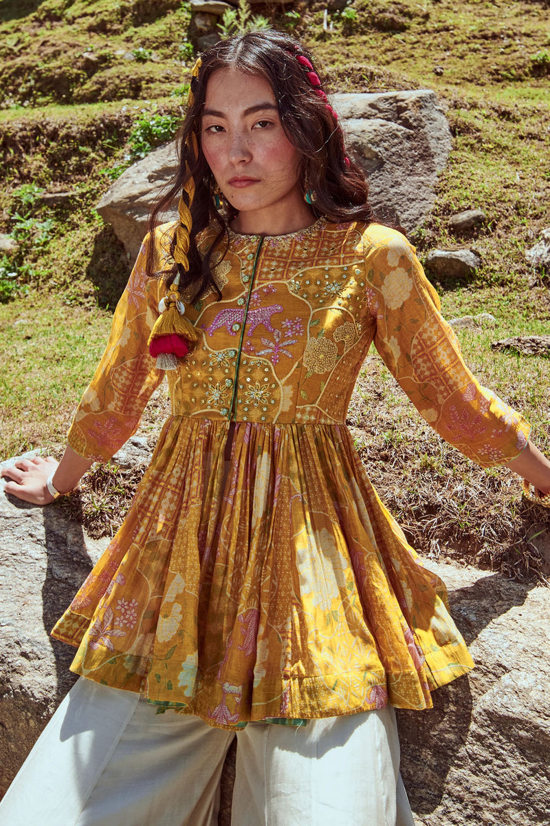 Valentina Peplum Set chanderi by Paulmi & Harsh-kahan Sep'26 in yellow for women in Singapore
