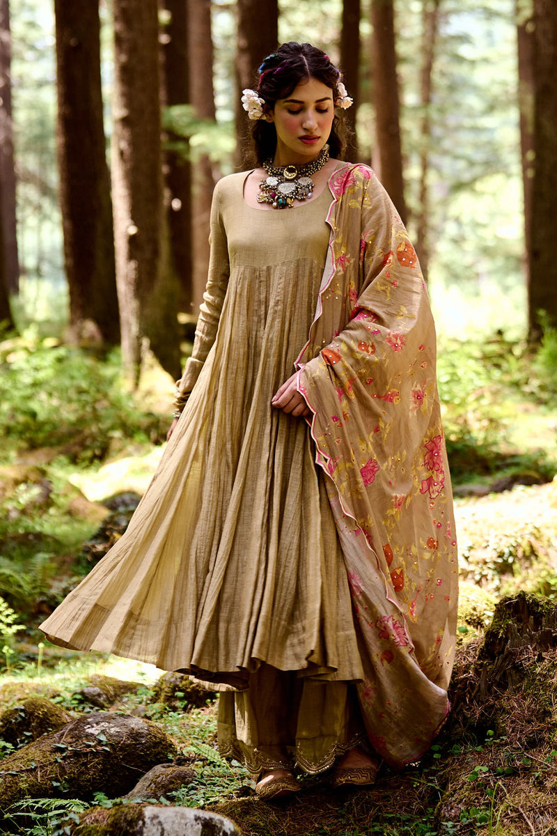 Vesta Anarkali Set chanderi by Paulmi & Harsh-kahan Sep'26 in beige for women in Singapore