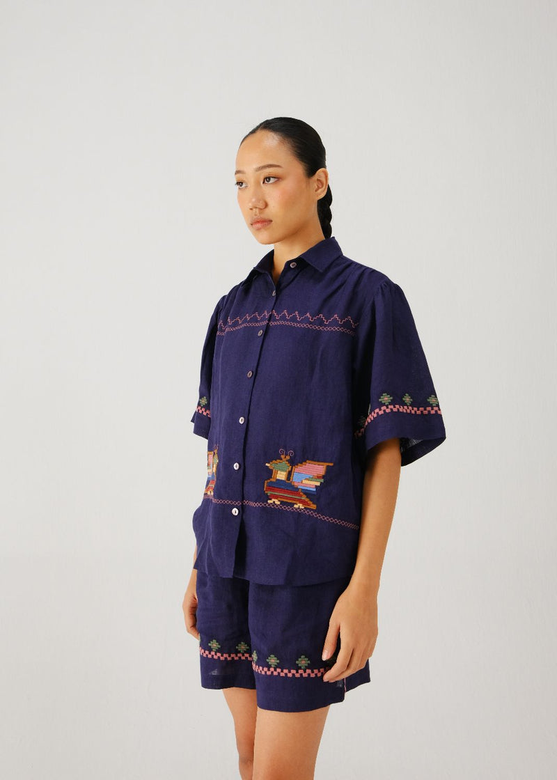 Victorian shirt-Ink folk emb. linen by CORD for women in Singapore