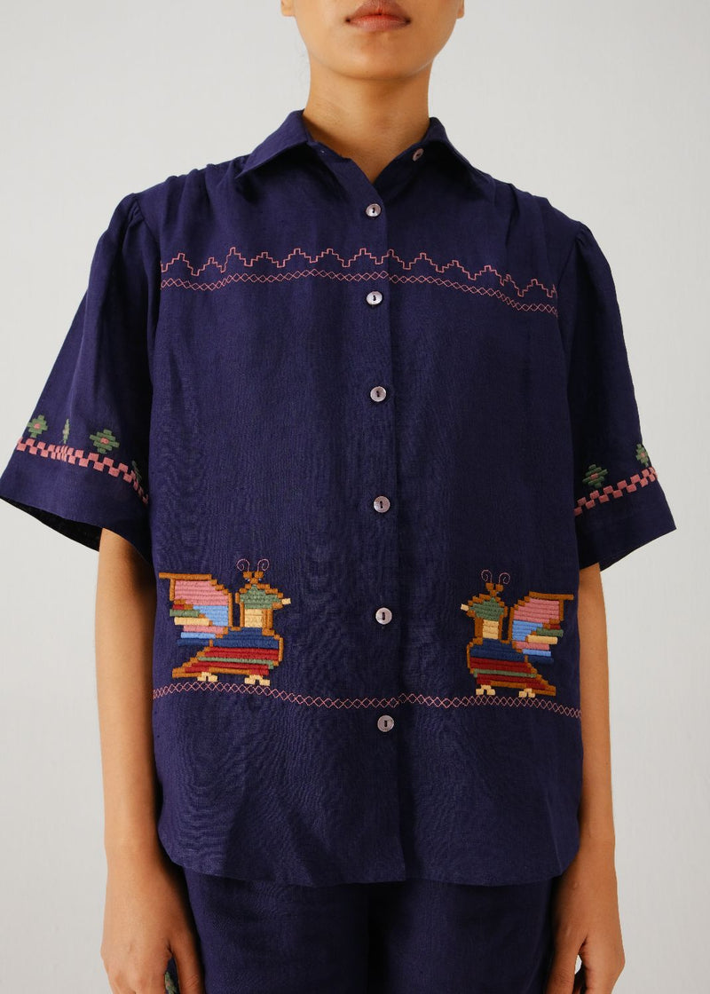 Victorian shirt-Ink folk emb. linen by CORD for women in Singapore