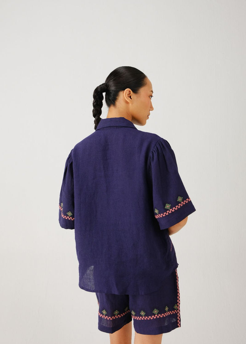 Victorian shirt-Ink folk emb. linen by CORD for women in Singapore
