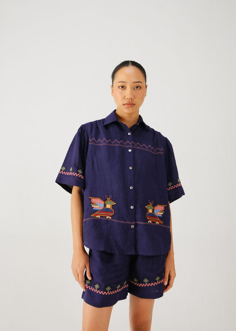 Victorian shirt-Ink folk emb. linen by CORD for women in Singapore