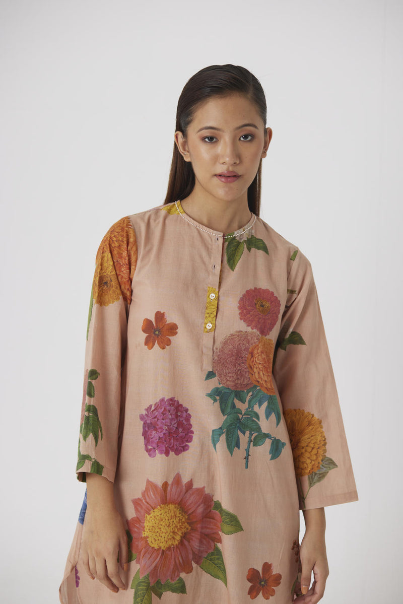 VINTAGE GARDEN SHORT KURTA SET cotton by Yam in beige color for women in Singapore
