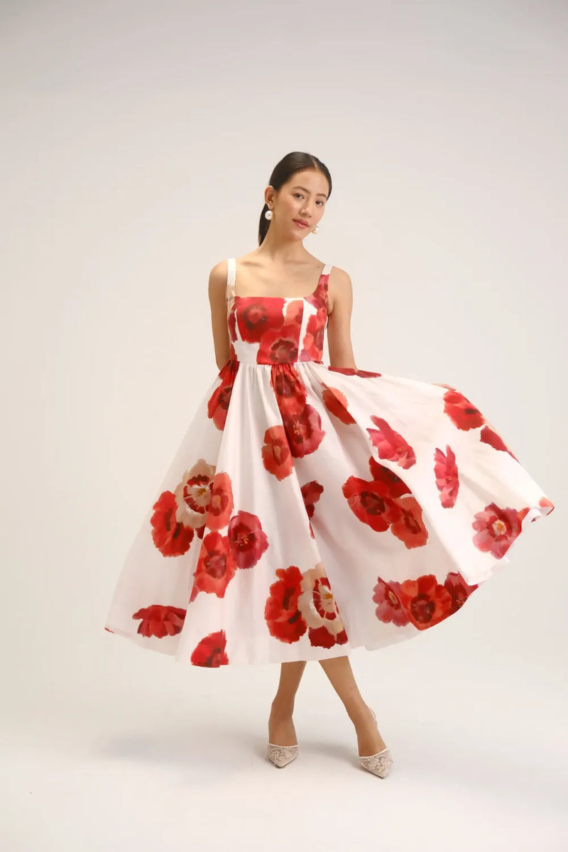 Valentine Cherry Dress cotton satin dress by YAM in white & red for women in Singapore