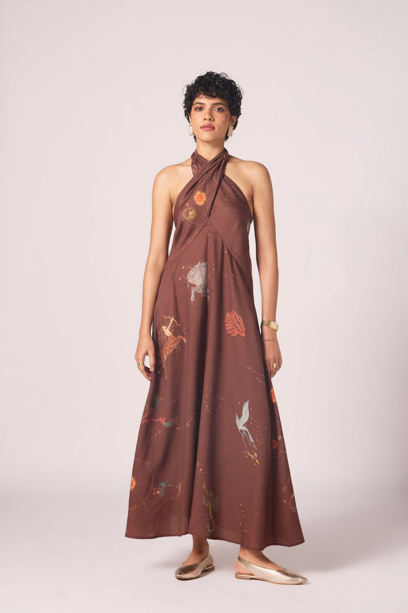 Vannam Brown Zodiac Print Halter Dress by The Summer House in brown color for women in Singapore