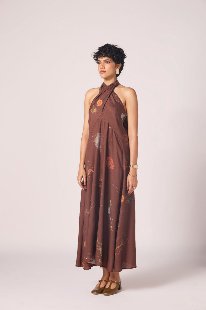 Vannam Brown Zodiac Print Halter Dress by The Summer House in brown color for women in Singapore