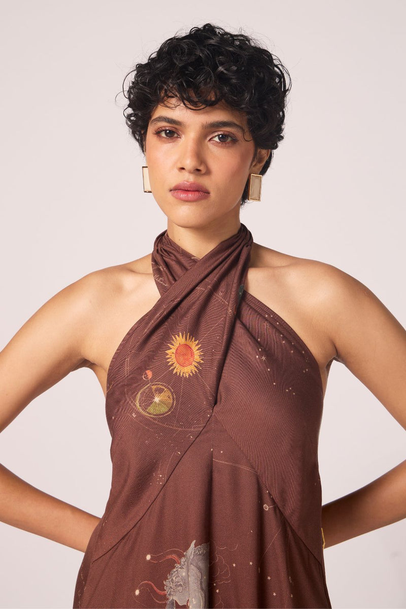 Vannam Brown Zodiac Print Halter Dress by The Summer House in brown color for women in Singapore