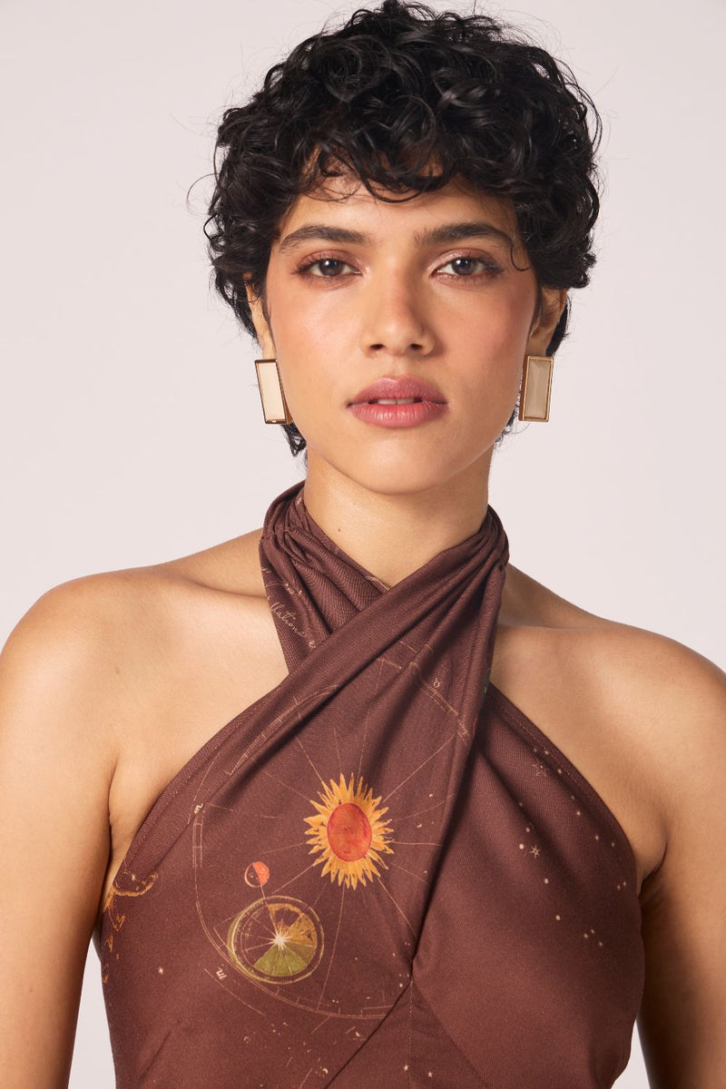 Vannam Brown Zodiac Print Halter Dress by The Summer House in brown color for women in Singapore