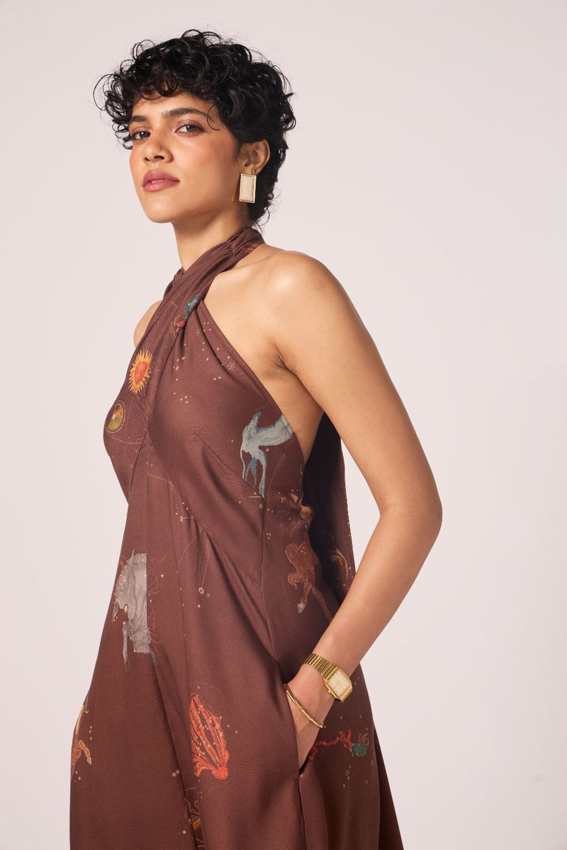 Vannam Brown Zodiac Print Halter Dress by The Summer House in brown color for women in Singapore