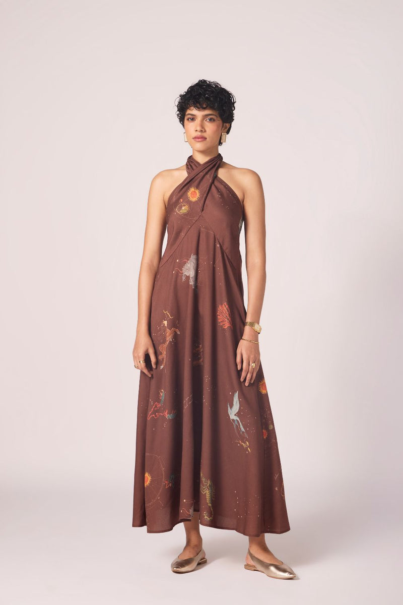 Vannam Brown Zodiac Print Halter Dress by The Summer House in brown color for women in Singapore