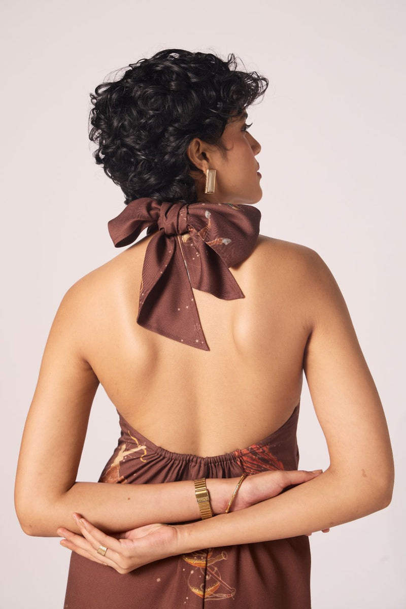 Vannam Brown Zodiac Print Halter Dress by The Summer House in brown color for women in Singapore