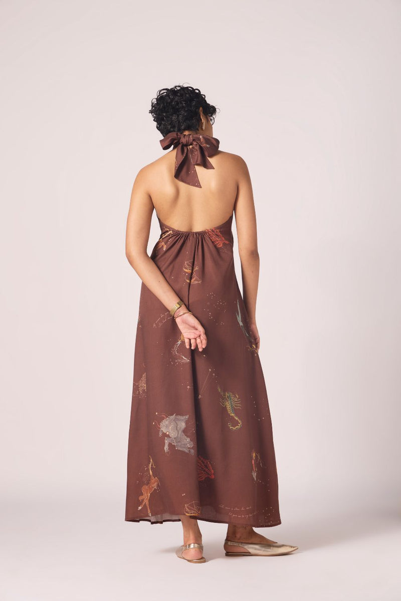 Vannam Brown Zodiac Print Halter Dress by The Summer House in brown color for women in Singapore