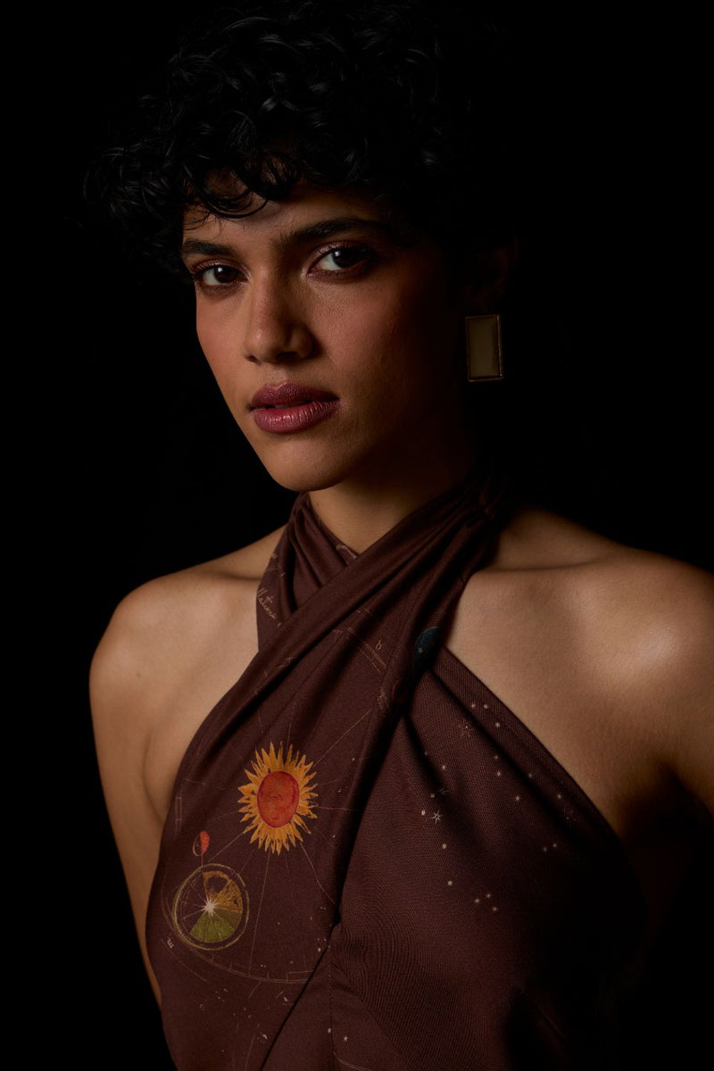 Vannam Brown Zodiac Print Halter Dress by The Summer House in brown color for women in Singapore