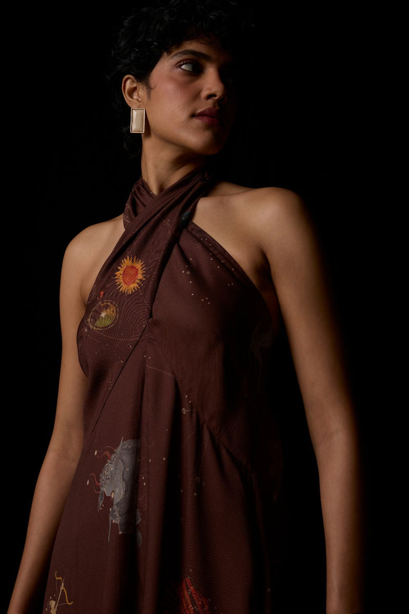 Vannam Brown Zodiac Print Halter Dress by The Summer House in brown color for women in Singapore