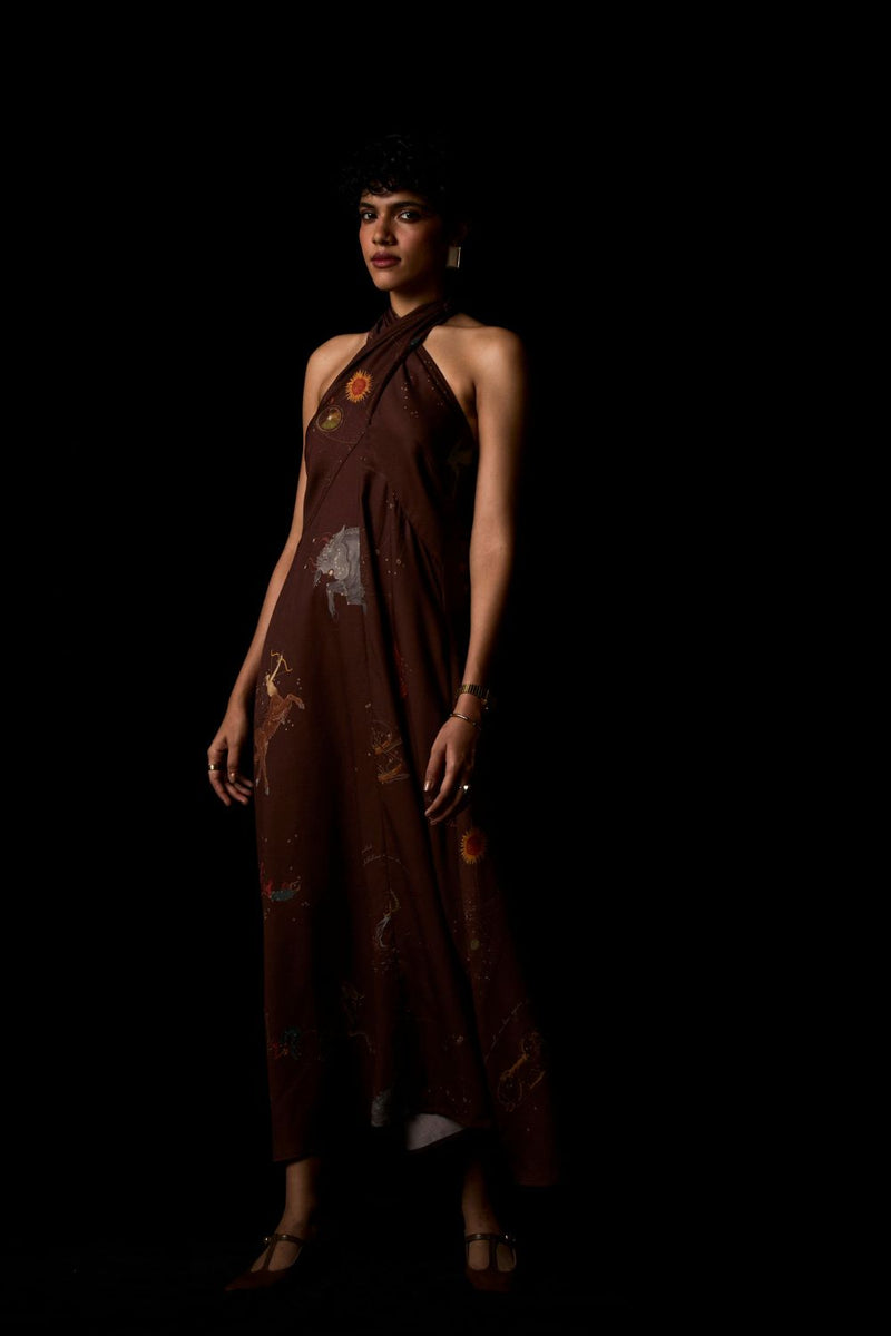 Vannam Brown Zodiac Print Halter Dress by The Summer House in brown color for women in Singapore
