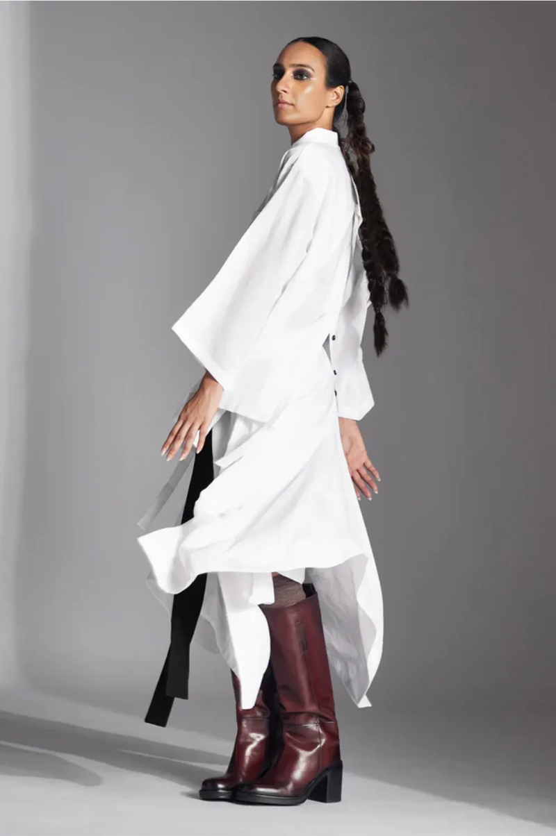 Veen Shirt in White Linen-Grey linen by Chola in grey color for women in Singapore