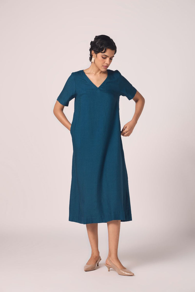 Vega Blue Silk Midi Dress silk by The Summer House in blue color for women in Singapore